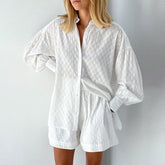 Französischer weißer Jacquard-Baumwoll-Puffärmel-Freizeit-Shorts-Anzug Homewear Cool Pyjamas