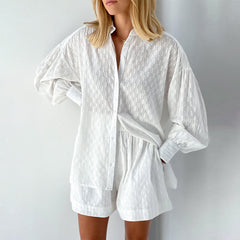 French White Jacquard Cotton Puff Sleeve Casual Shorts Suit Homewear Cool Pajamas