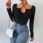 Ausgehöhlter Ausschnitt-Riemen Slim Fit Kurzes gestricktes Langarm-T-Shirt-Oberteil