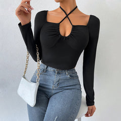 Ausgehöhlter Ausschnitt-Riemen Slim Fit Kurzes gestricktes Langarm-T-Shirt-Oberteil