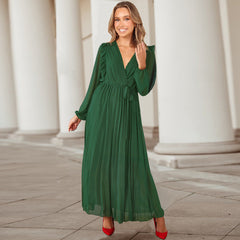 V neck Swing Pleated Dress Maxi Dress