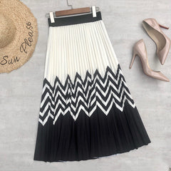 Black White Contrast Skirt Wave Print Pleated Skirt High Waist Drooping Pleated A- line Skirt