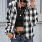 Plaid Shirt Loose Long Sleeve Casual Zipper Hooded Jacket Coat