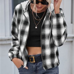 Plaid Shirt Loose Long Sleeve Casual Zipper Hooded Jacket Coat