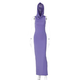 Solid Color Hooded Back High Split Sleeveless Dress