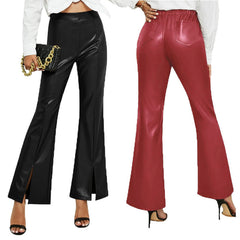 High Waist Slim Fit Slit Bell-Bottom Pants Casual Leather Pants