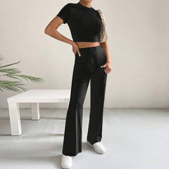 Cropped Slim Knitted Short Sleeve High Waist Wide Leg Pants Two Piece Set