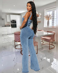 Denim-Jumpsuit, schmale Passform, Bodysuit, tailleneng, verwaschener Hosenträger-Jumpsuit
