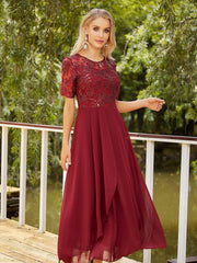 Dress Round Neck Long Sleeve Slim Dress Solid Color Midi Dress