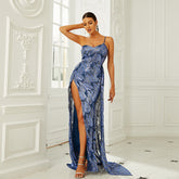 Sleeveless Elegant Long Sequined off Neck Backless Evening Dress