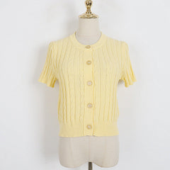 Round Neck Short Sleeve Sweater Twisted Pleach Twist Slim Single Breasted Short Top