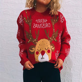 Weihnachtspullover mit Schneeflocken-Elch-Motiv, Rundhalsausschnitt, langärmelig, Strickpullover