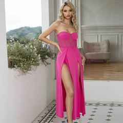 Robe bustier moulante à bretelles et corset à taille haute avec coutures en maille et haut tube fendu