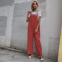 Trendy Cotton Linen Solid Color Sleeveless Sling Jumpsuit