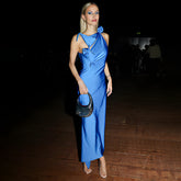 Blaue Farbe Plissee Schleife Floral Hip Kleid Stretch Slim Kleid Weihnachtskleid