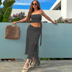 Einfarbig Bandeau Split Unregelmäßig Asymmetrisch Etuirock Zweiteiler Sets Sets Sets