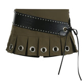 Mini Skirt Lace Up Leather Big Belt Street Punk Pleated Skirt