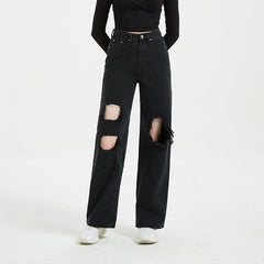 High Waist Jeans Ripped Straight Trousers