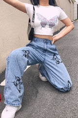 Slimming Butterfly Print Drapey Straight-Leg Jeans