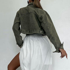 Distressed Green Workwear Denim Jacke Personalisierte Tasche Casual Short Top Herbst