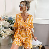 Bell Sleeve V-neck Lace-up Printed Casual One-Piece Suit Romper