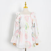 Combinaison décontractée en mousseline de soie, imprimé floral, taille haute, col carré, cintré, volants, manches évasées