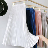 High Waist Satin Metallic Pleated Skirt Retro Mid-Length Slimming A- line Skirt