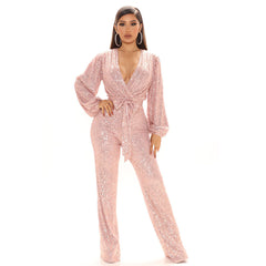Fall High-End Sequ Deep V-neck Long Sleeve Jumpsuit Jumpsuit Trousers