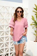 Loose Casual Vacation T Shirt V Neck Short Sleeve Top