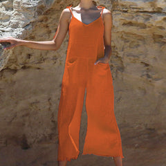 Solid Color Sling Slub Linen Jumpsuit