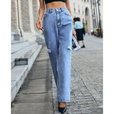 Lockere, schlankmachende, zerrissene Jeanshose mit hoher Taille und Mop