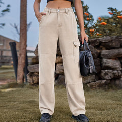 Pantalon cargo en denim à taille élastique, pantalon décontracté tendance
