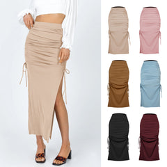 Slit Knitted Slim Skirt Pleated Tie Sheath Skirt
