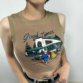 Ärmelloses Retro-T-Shirt mit trendigem Print und schmaler Passform, bauchfreies Top, kurzes Oberteil