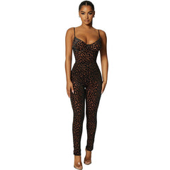 Tief ausgeschnittener, schmaler Sling-Jumpsuit mit Flocking-Muster