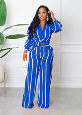 Ensemble chemise rayée imprimée deux pièces à manches longues, coupe ample et droite