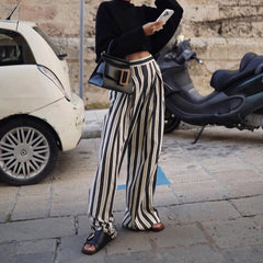 Black White Striped Wide Leg Pants Casual Slimming High Waist Loose Drooping Mop Trousers