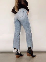Retro High Waist Ripped Straight Jeans