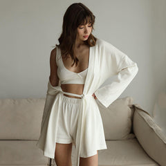 Einfaches Waffel-Nachthemd, Weste, Shorts, Pyjama, dreiteiliges Set, Homewear
