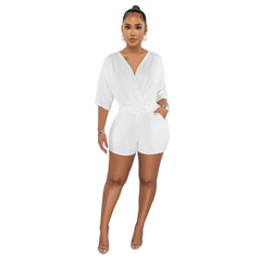 Wear Solid Color Tied V Neck Half Sleeves Shorts Jumpsuit