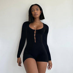 Solid Color Basic Hollow Out Cutout Slim Long Sleeve Jumpsuit Autumn
