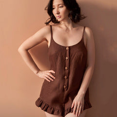 French Suspenders Cotton Linen Jumpsuit Pajamas Solid Color Cool Comfortable Homewear