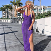Sling Backless Knitted Dress Beach Seaside V Neck Tight Split Dress