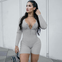 Zipper U Shaped Collar Long Sleeve Tight Jumpsuit Fall Solid Color Shorts