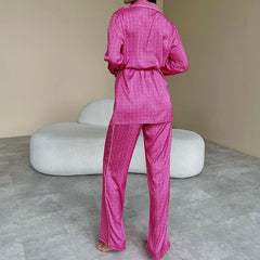 Loose Cardigan Printed Long Sleeve Two Piece Pajamas Satin Casual Comfortable Homewear