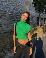 Fall High Neck Slim Fit Short Sleeveless Threaded Vest Knitwear