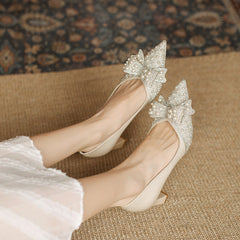 Bow Pointed High Thick Fairy Autumn Heels