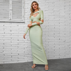 Bandage Bandage Kleid Volltonfarbe Langarm Cutout Taille Baring Kleid Kreuzmuster