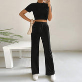 Cropped Slim Knitted Short Sleeve High Waist Wide Leg Pants Two Piece Set