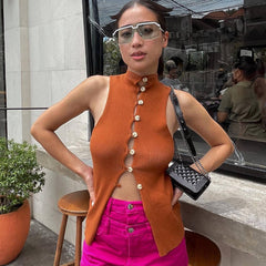 Single Breasted Knitted Vest Hollow Out Cutout Knitted Cropped Turtleneck Sleeveless Slim Fit Shape Vest Top